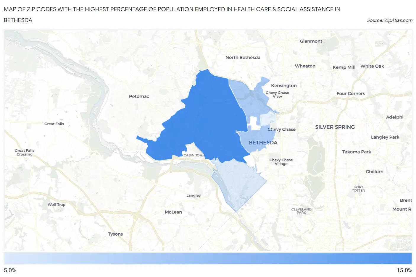 Zip Codes with the Highest Percentage of Population Employed in Health Care & Social Assistance in Bethesda Map