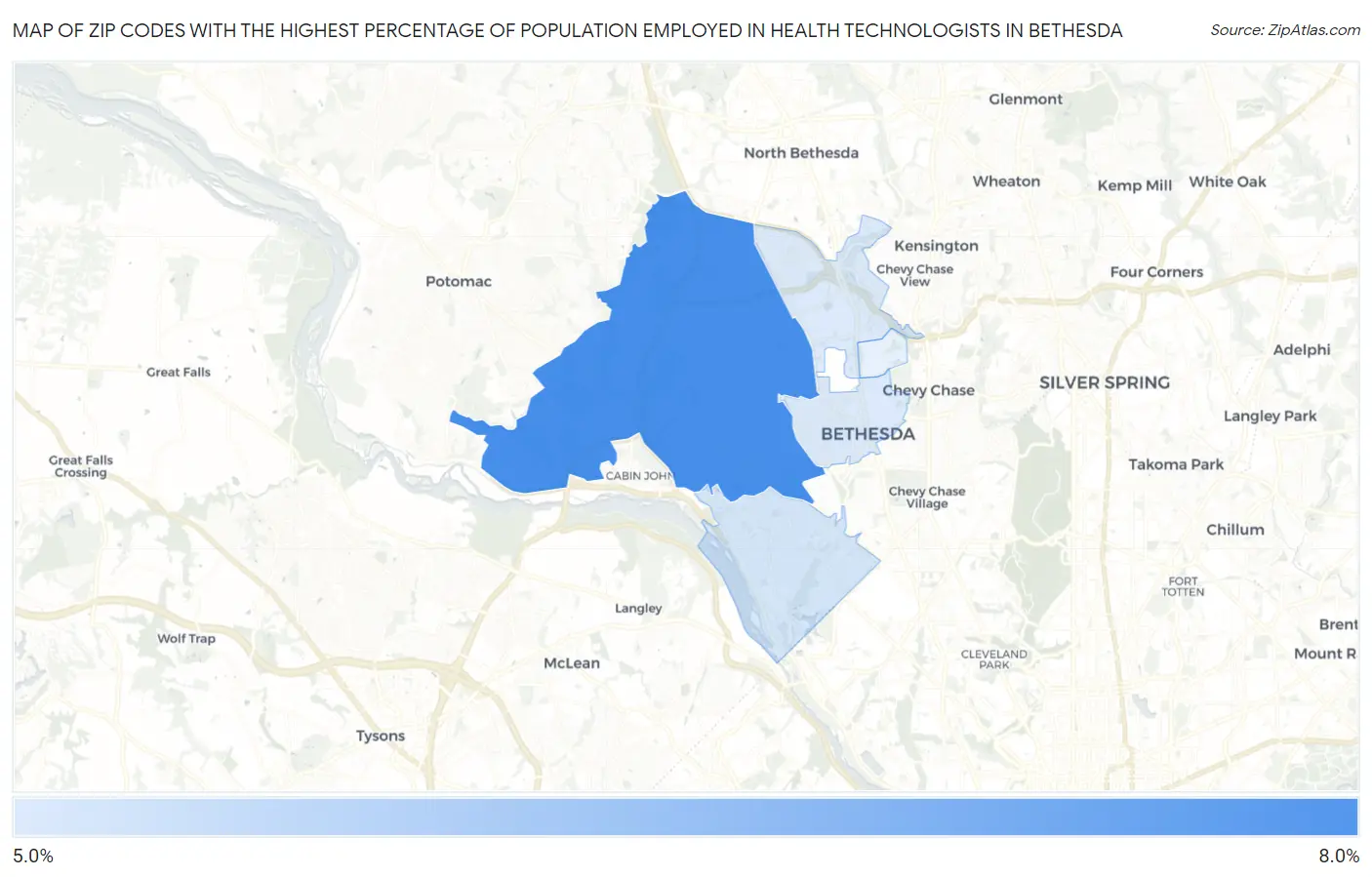 Zip Codes with the Highest Percentage of Population Employed in Health Technologists in Bethesda Map