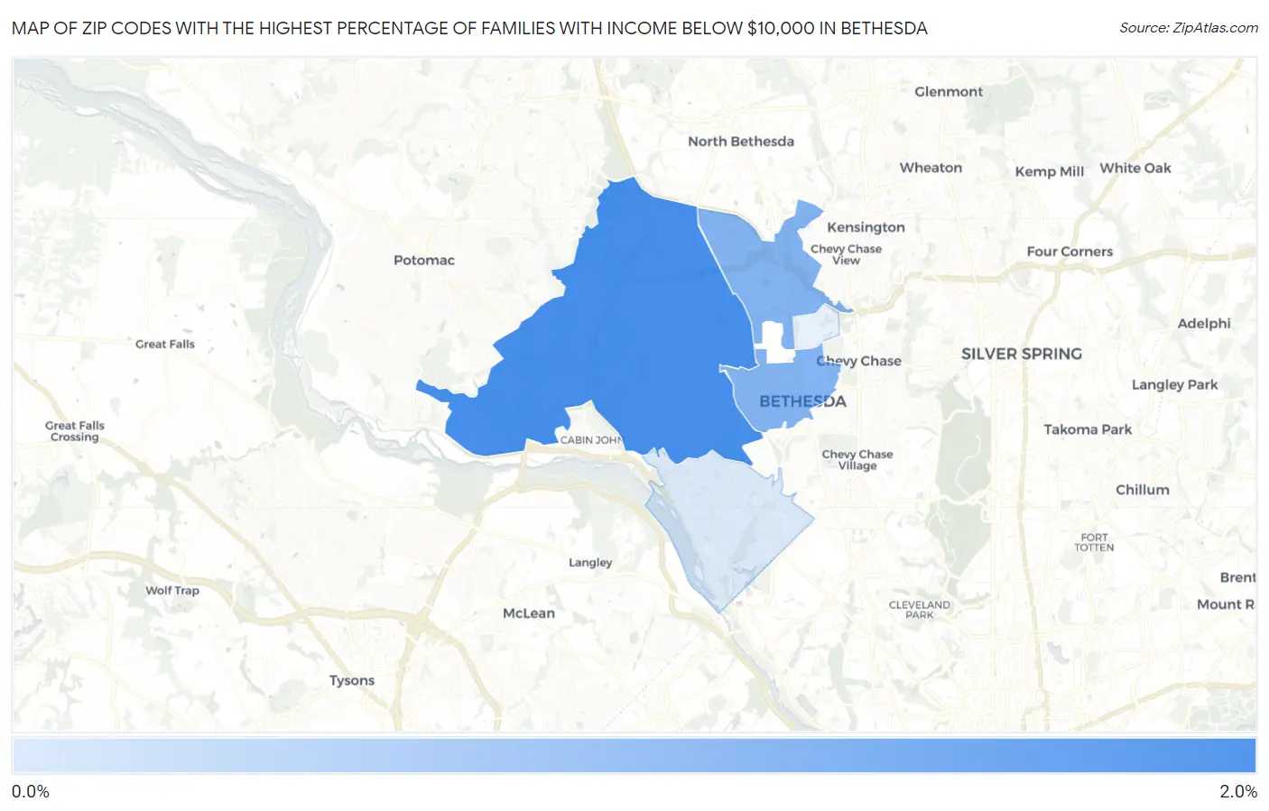 Zip Codes with the Highest Percentage of Families with Income Below $10,000 in Bethesda Map