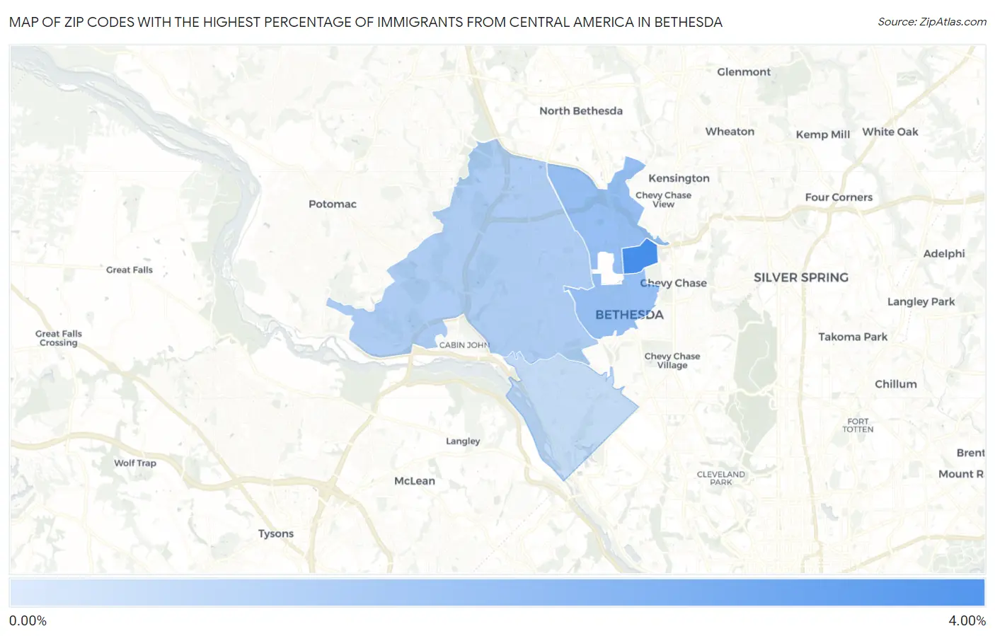 Zip Codes with the Highest Percentage of Immigrants from Central America in Bethesda Map