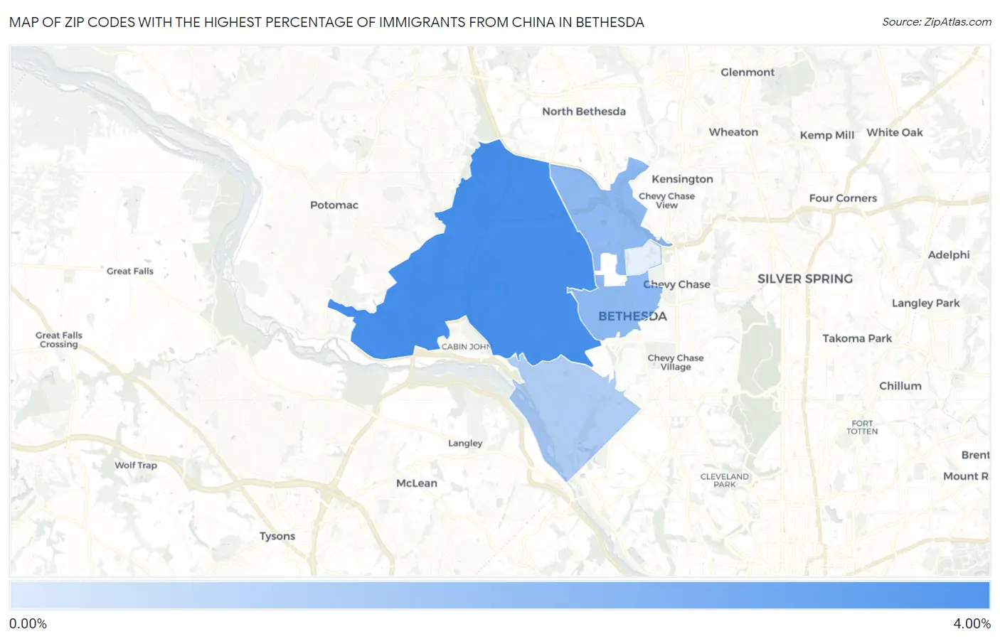Zip Codes with the Highest Percentage of Immigrants from China in Bethesda Map