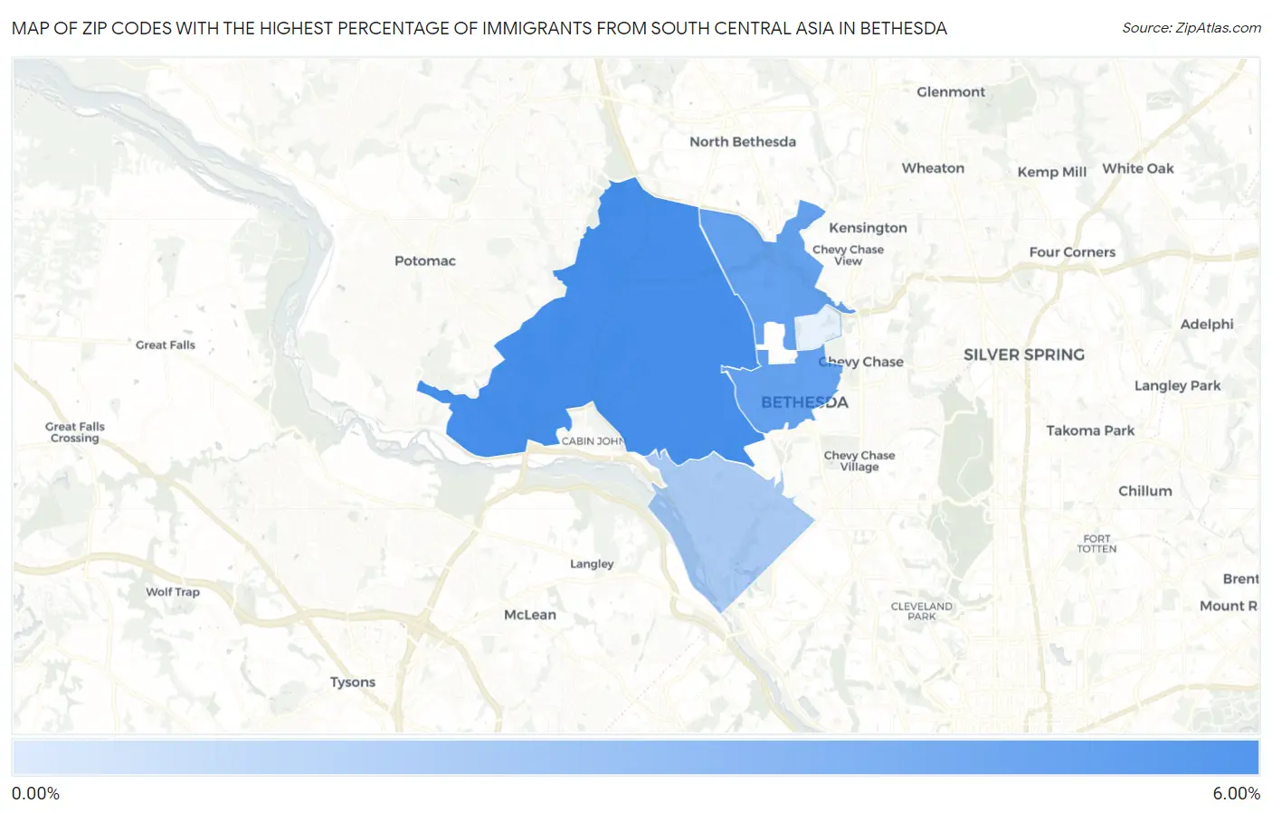 Zip Codes with the Highest Percentage of Immigrants from South Central Asia in Bethesda Map