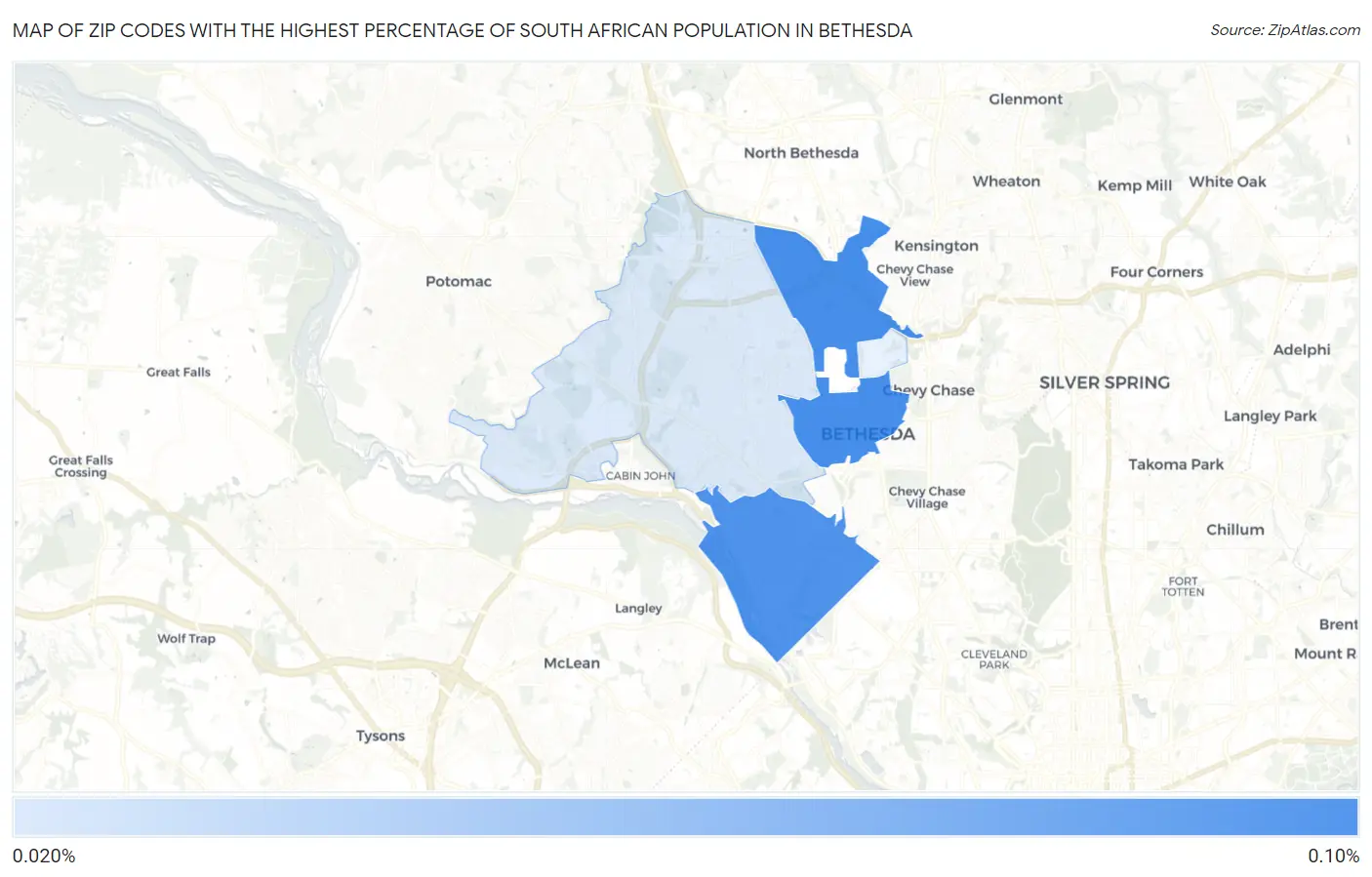 Zip Codes with the Highest Percentage of South African Population in Bethesda Map