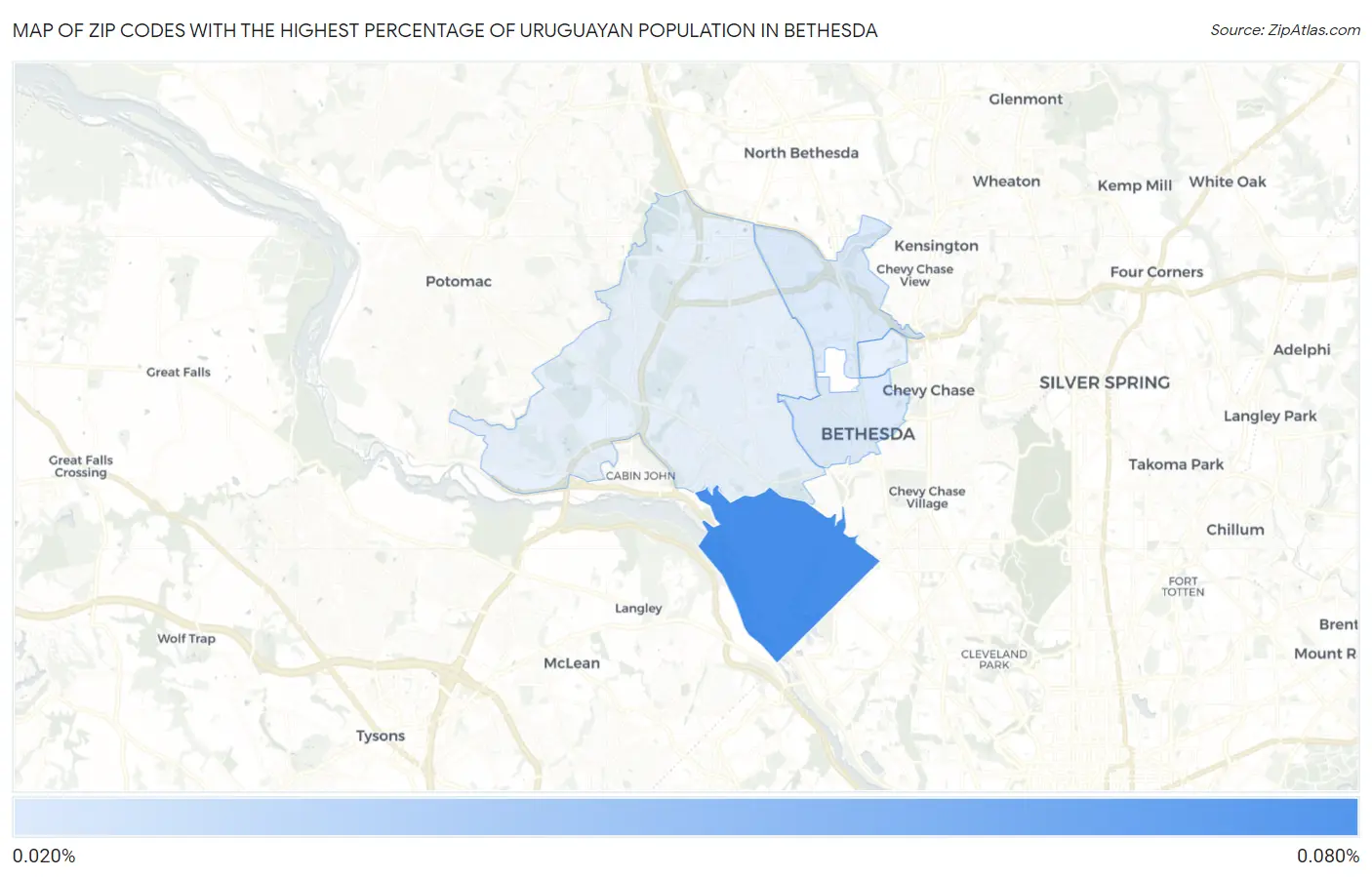 Zip Codes with the Highest Percentage of Uruguayan Population in Bethesda Map
