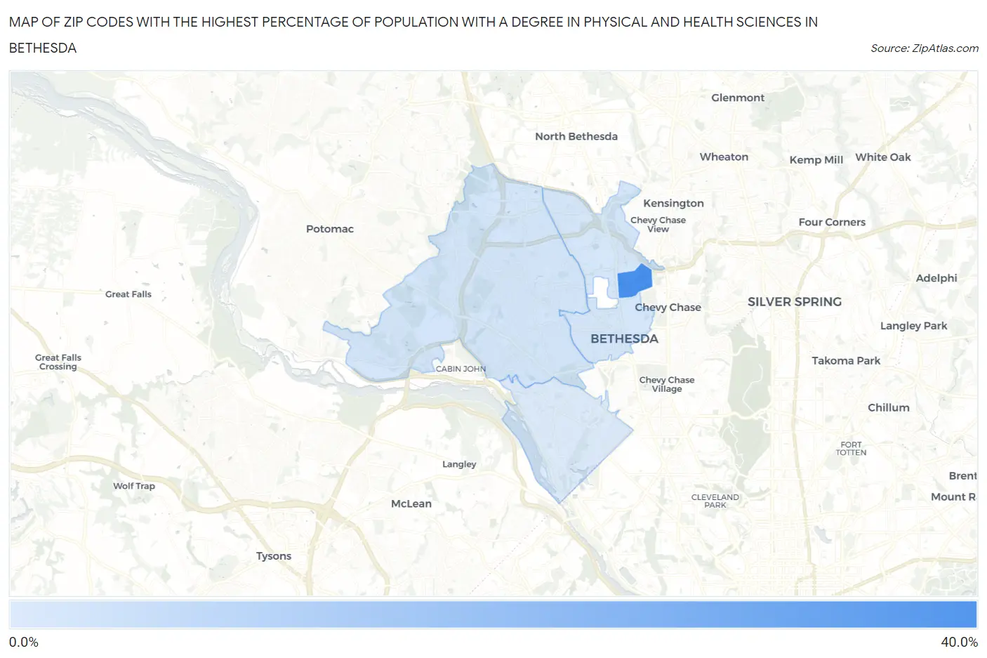 Zip Codes with the Highest Percentage of Population with a Degree in Physical and Health Sciences in Bethesda Map