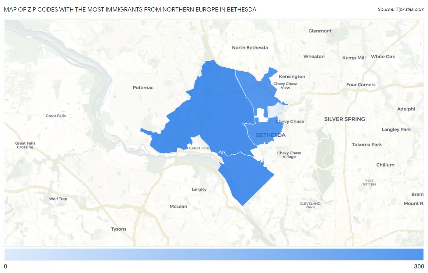 Zip Codes with the Most Immigrants from Northern Europe in Bethesda Map