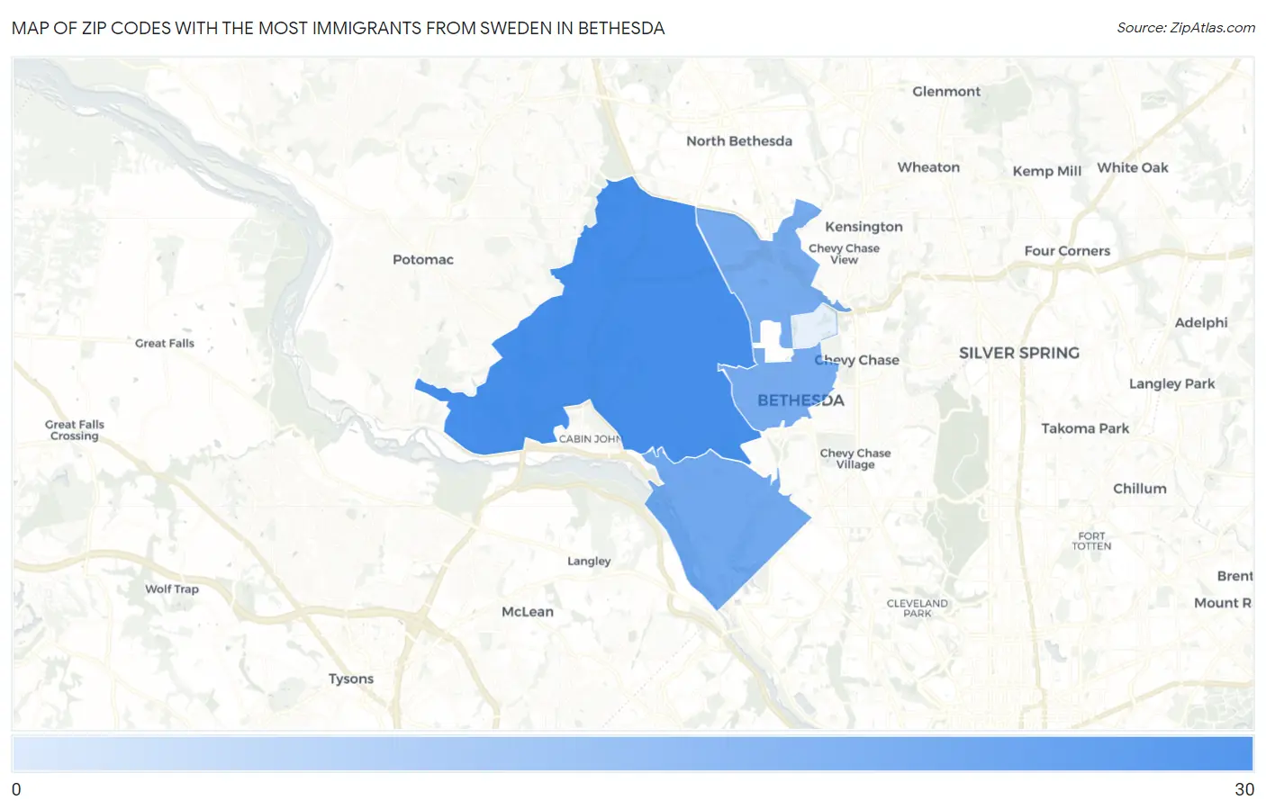 Zip Codes with the Most Immigrants from Sweden in Bethesda Map