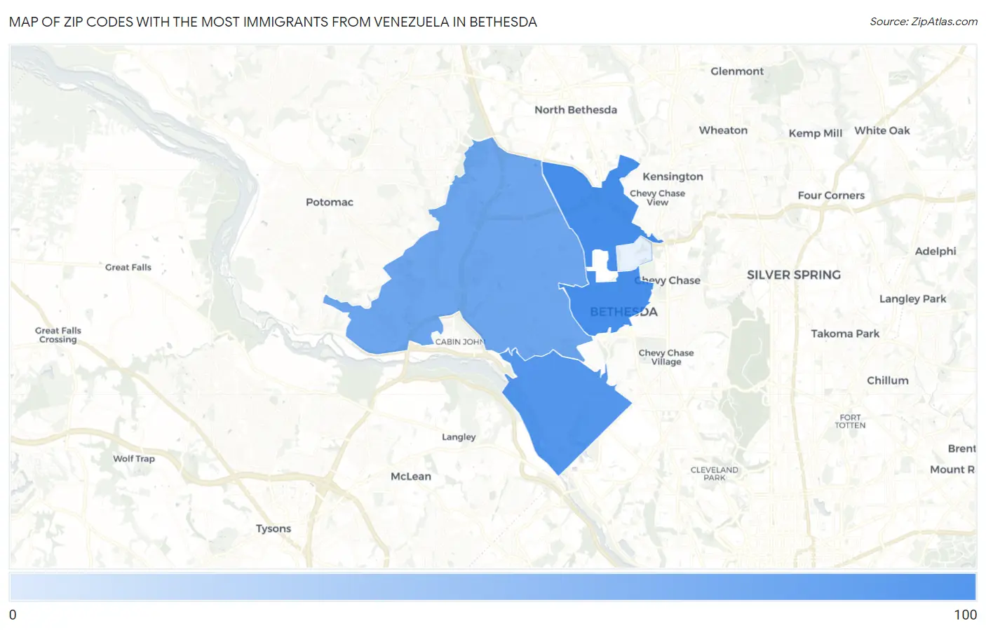Zip Codes with the Most Immigrants from Venezuela in Bethesda Map