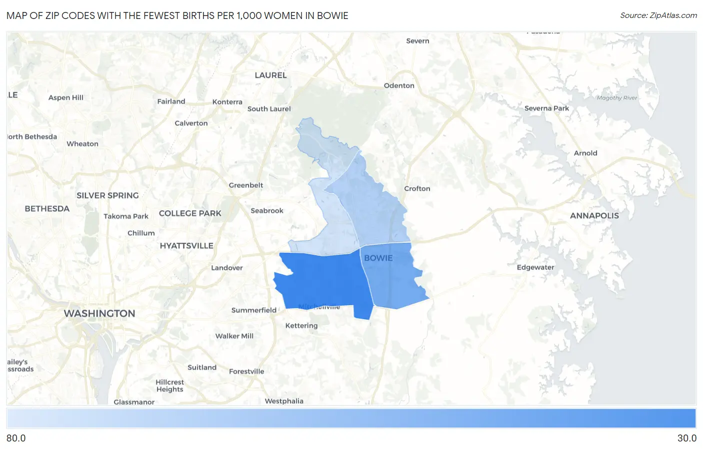 Zip Codes with the Fewest Births per 1,000 Women in Bowie Map