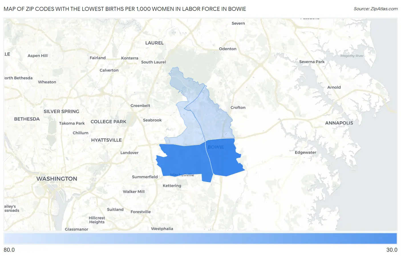 Zip Codes with the Lowest Births per 1,000 Women in Labor Force in Bowie Map