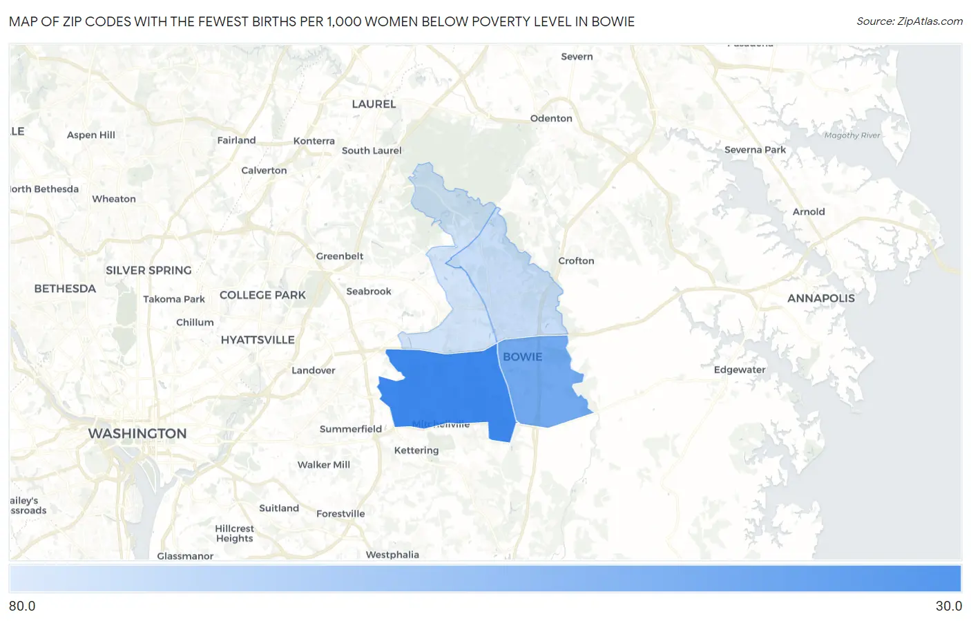 Zip Codes with the Fewest Births per 1,000 Women Below Poverty Level in Bowie Map