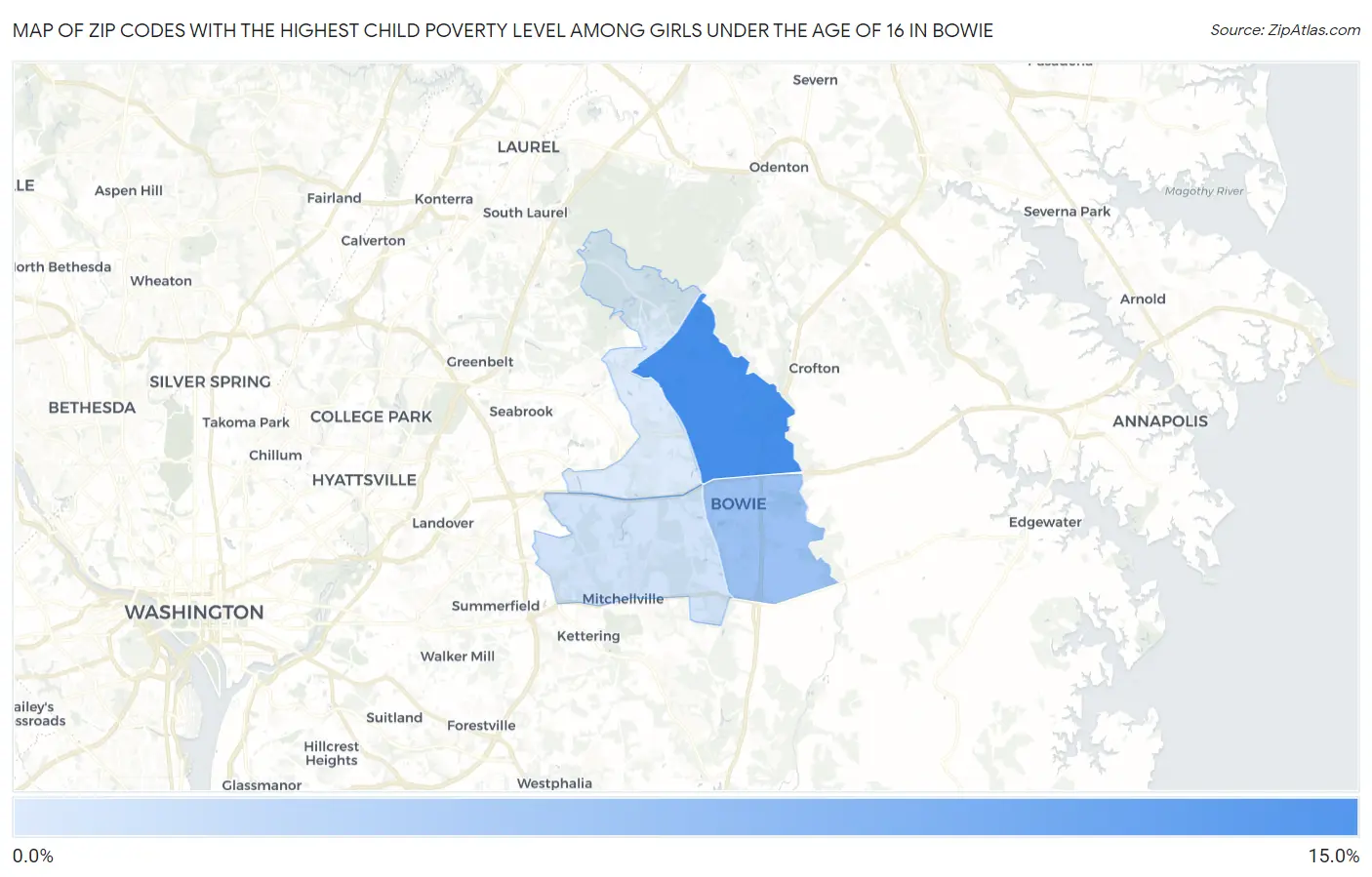 Zip Codes with the Highest Child Poverty Level Among Girls Under the Age of 16 in Bowie Map