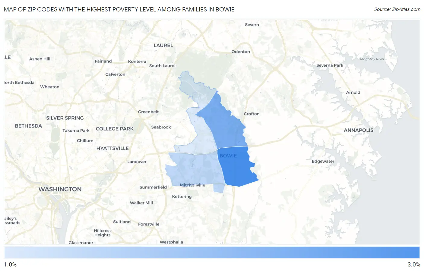 Zip Codes with the Highest Poverty Level Among Families in Bowie Map