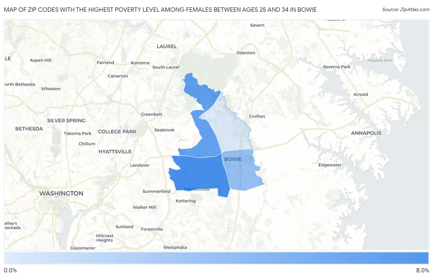 Zip Codes with the Highest Poverty Level Among Females Between Ages 25 and 34 in Bowie Map