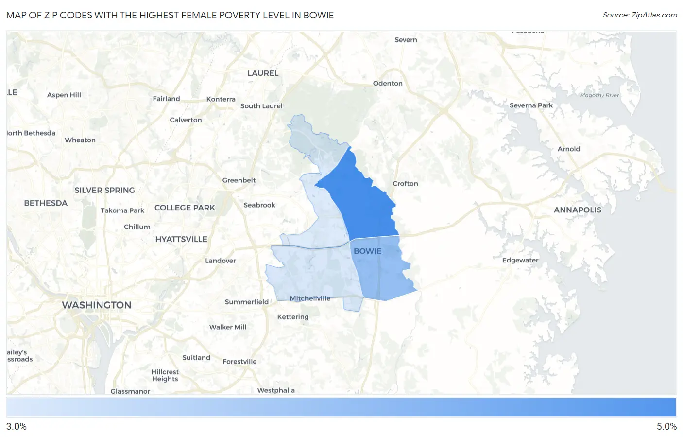 Zip Codes with the Highest Female Poverty Level in Bowie Map