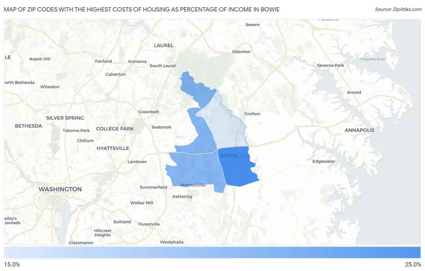 Zip Codes with the Highest Costs of Housing as Percentage of Income in Bowie Map