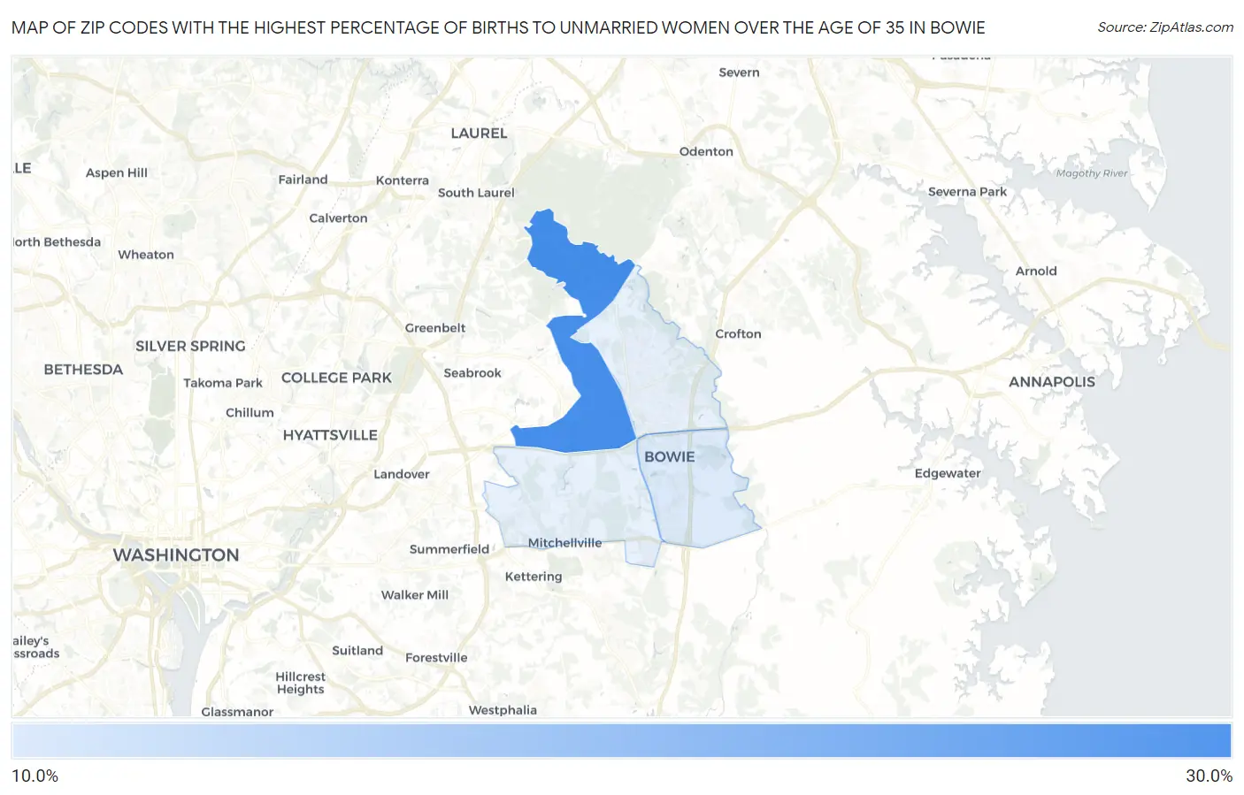 Zip Codes with the Highest Percentage of Births to Unmarried Women over the Age of 35 in Bowie Map