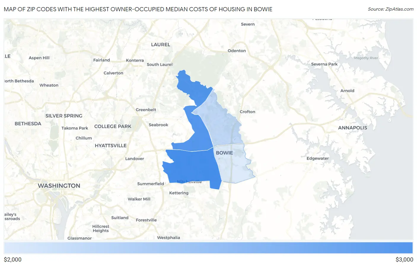 Zip Codes with the Highest Owner-Occupied Median Costs of Housing in Bowie Map