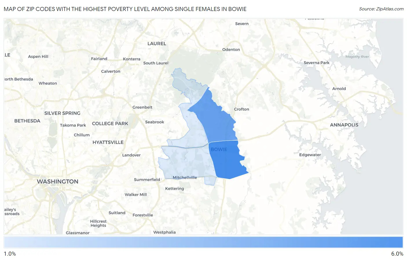 Zip Codes with the Highest Poverty Level Among Single Females in Bowie Map