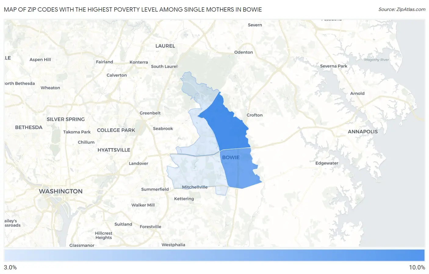 Zip Codes with the Highest Poverty Level Among Single Mothers in Bowie Map