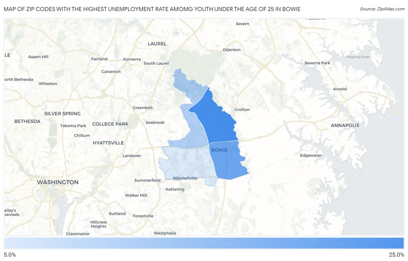 Zip Codes with the Highest Unemployment Rate Amomg Youth Under the Age of 25 in Bowie Map