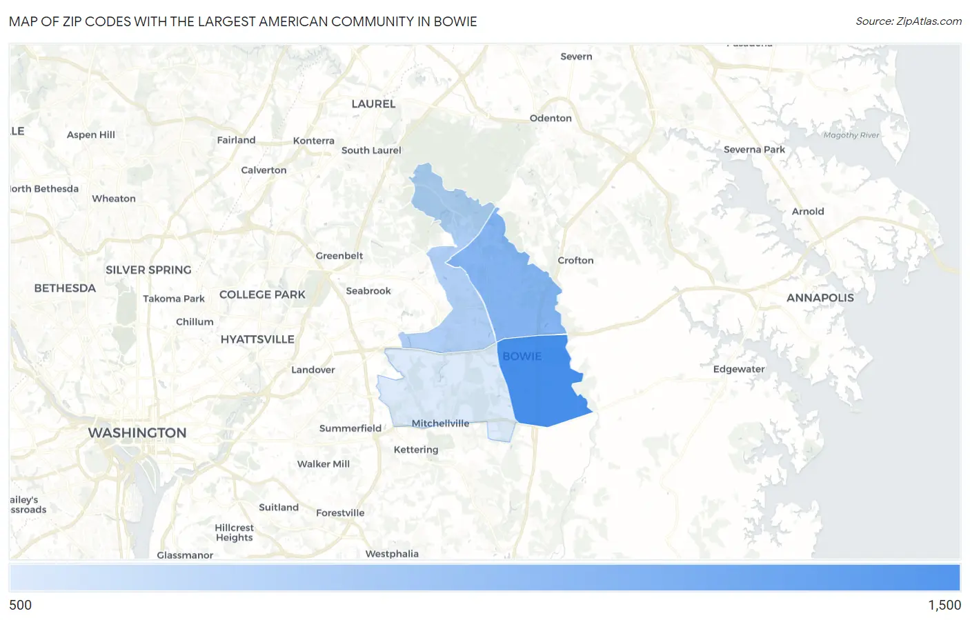 Zip Codes with the Largest American Community in Bowie Map