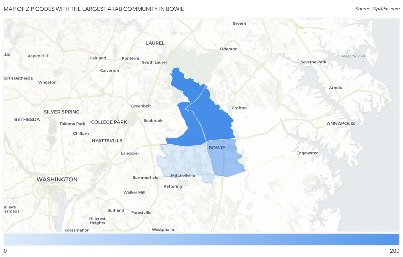 Zip Codes with the Largest Arab Community in Bowie Map