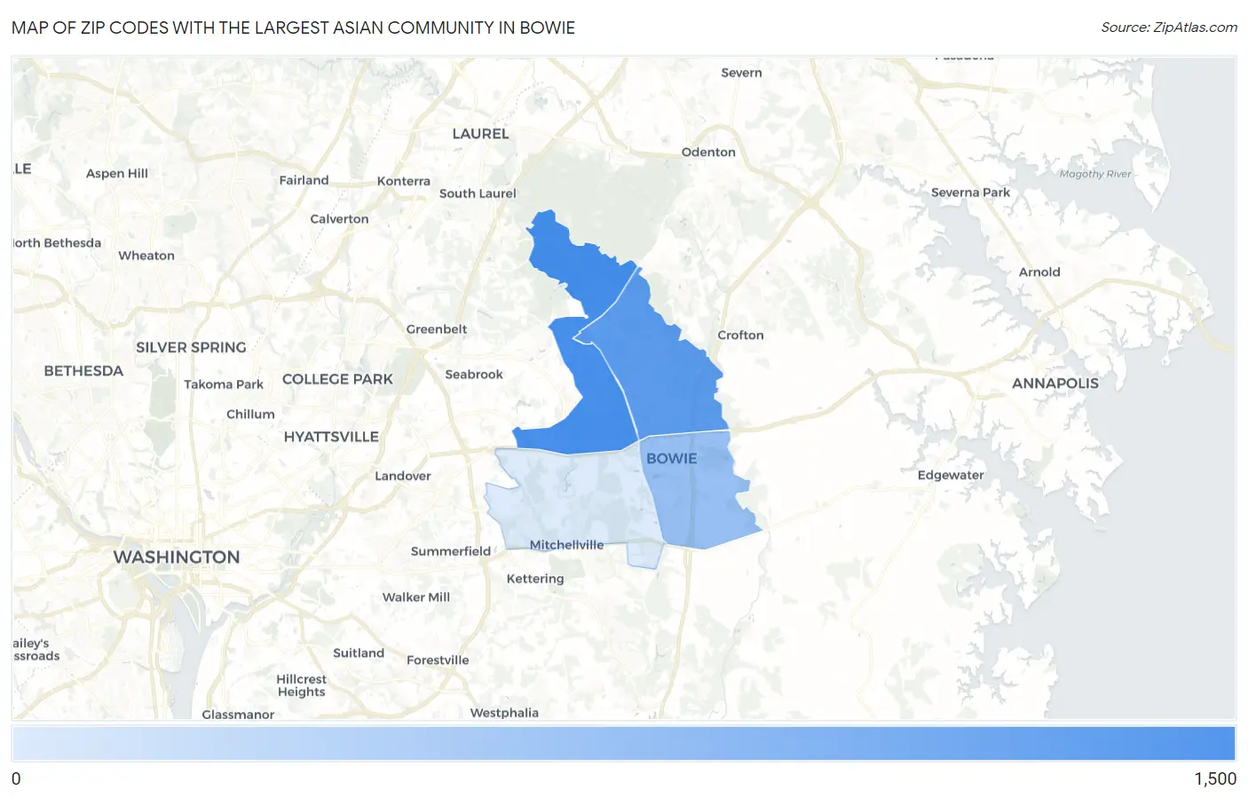 Zip Codes with the Largest Asian Community in Bowie Map