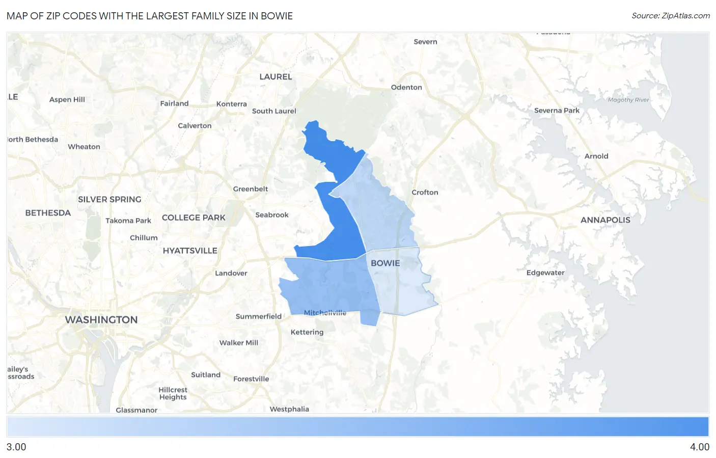 Zip Codes with the Largest Family Size in Bowie Map
