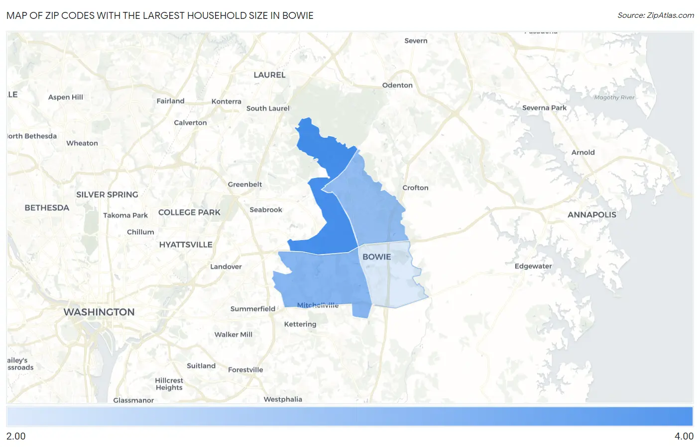 Zip Codes with the Largest Household Size in Bowie Map