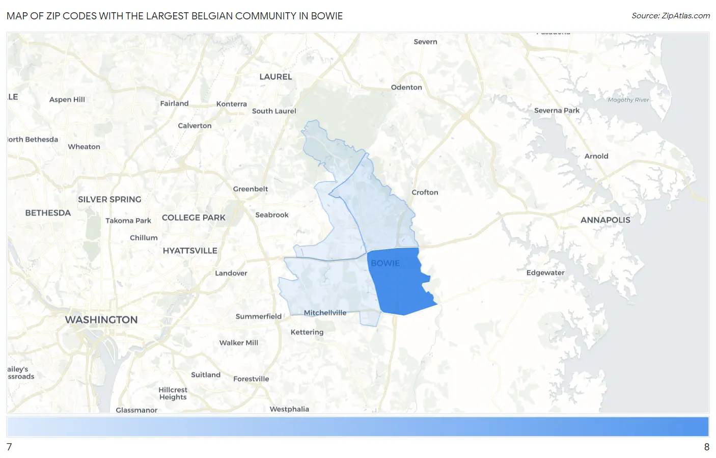 Zip Codes with the Largest Belgian Community in Bowie Map