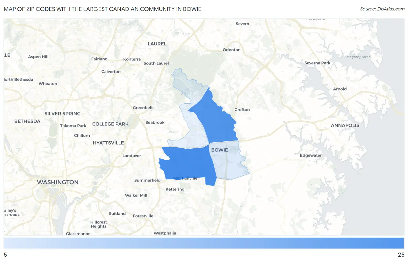 Zip Codes with the Largest Canadian Community in Bowie Map