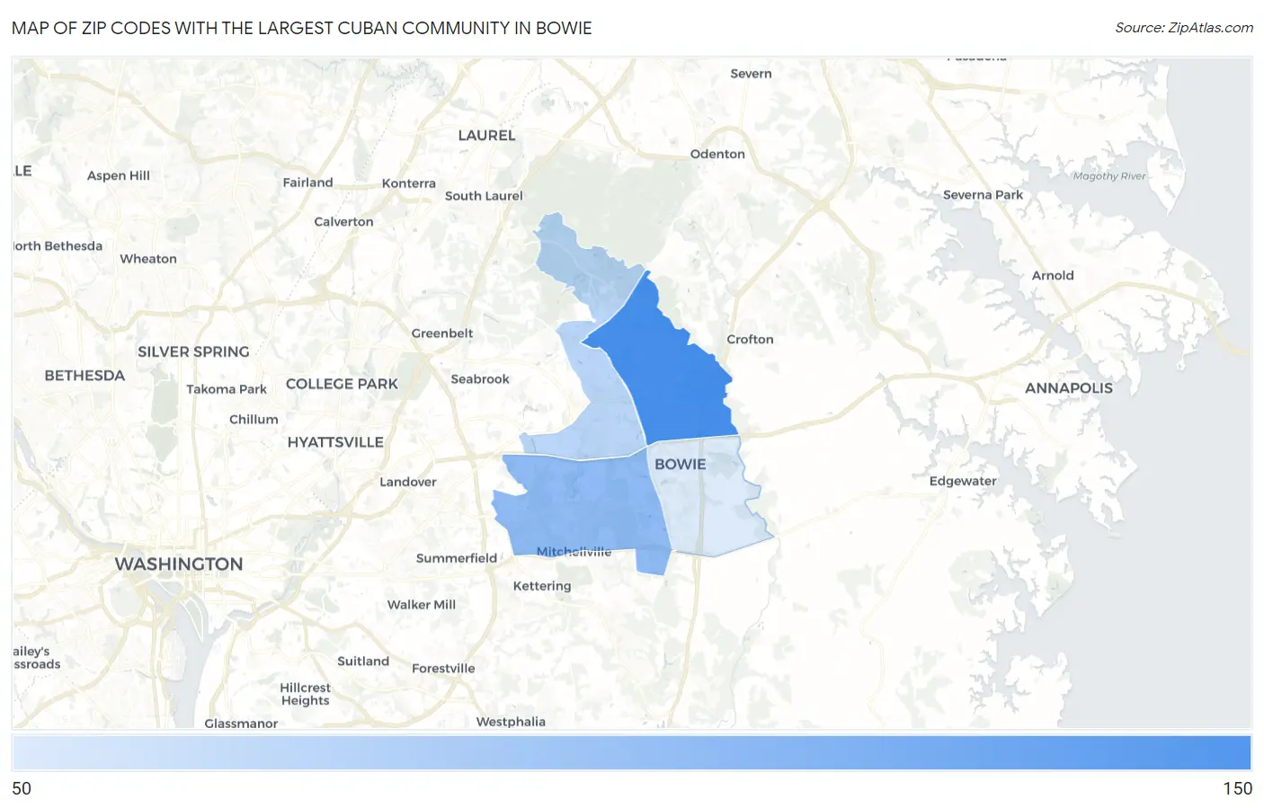 Zip Codes with the Largest Cuban Community in Bowie Map