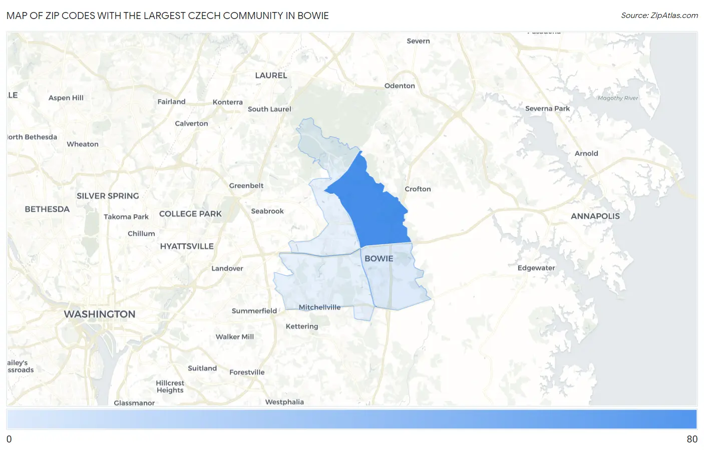 Zip Codes with the Largest Czech Community in Bowie Map