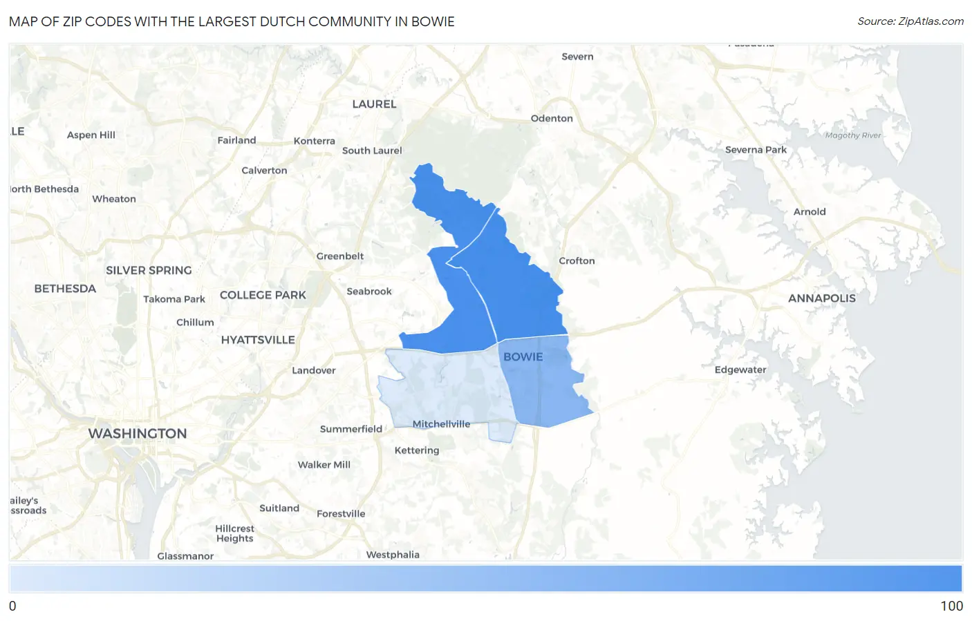 Zip Codes with the Largest Dutch Community in Bowie Map