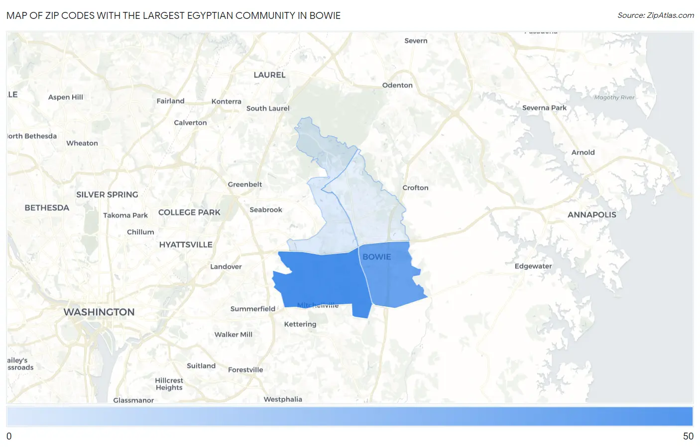Zip Codes with the Largest Egyptian Community in Bowie Map