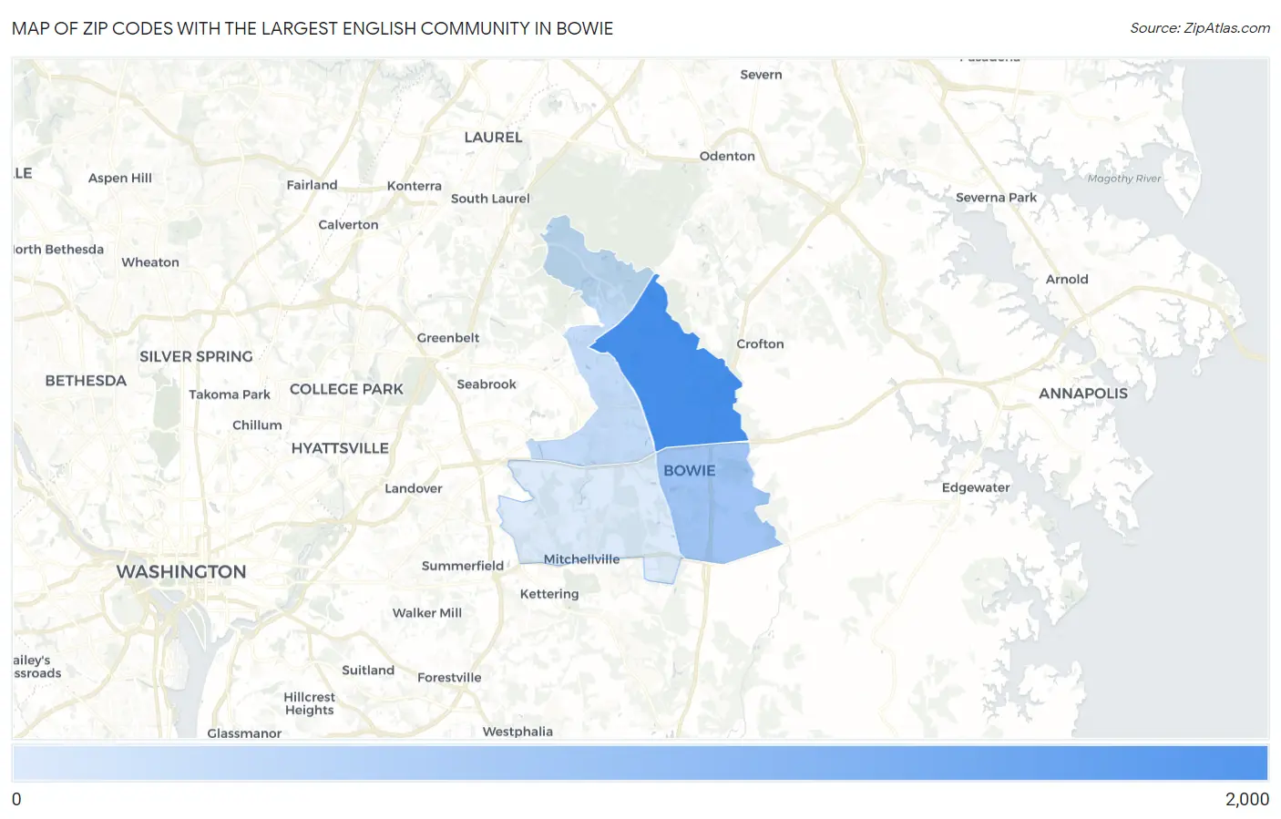 Zip Codes with the Largest English Community in Bowie Map