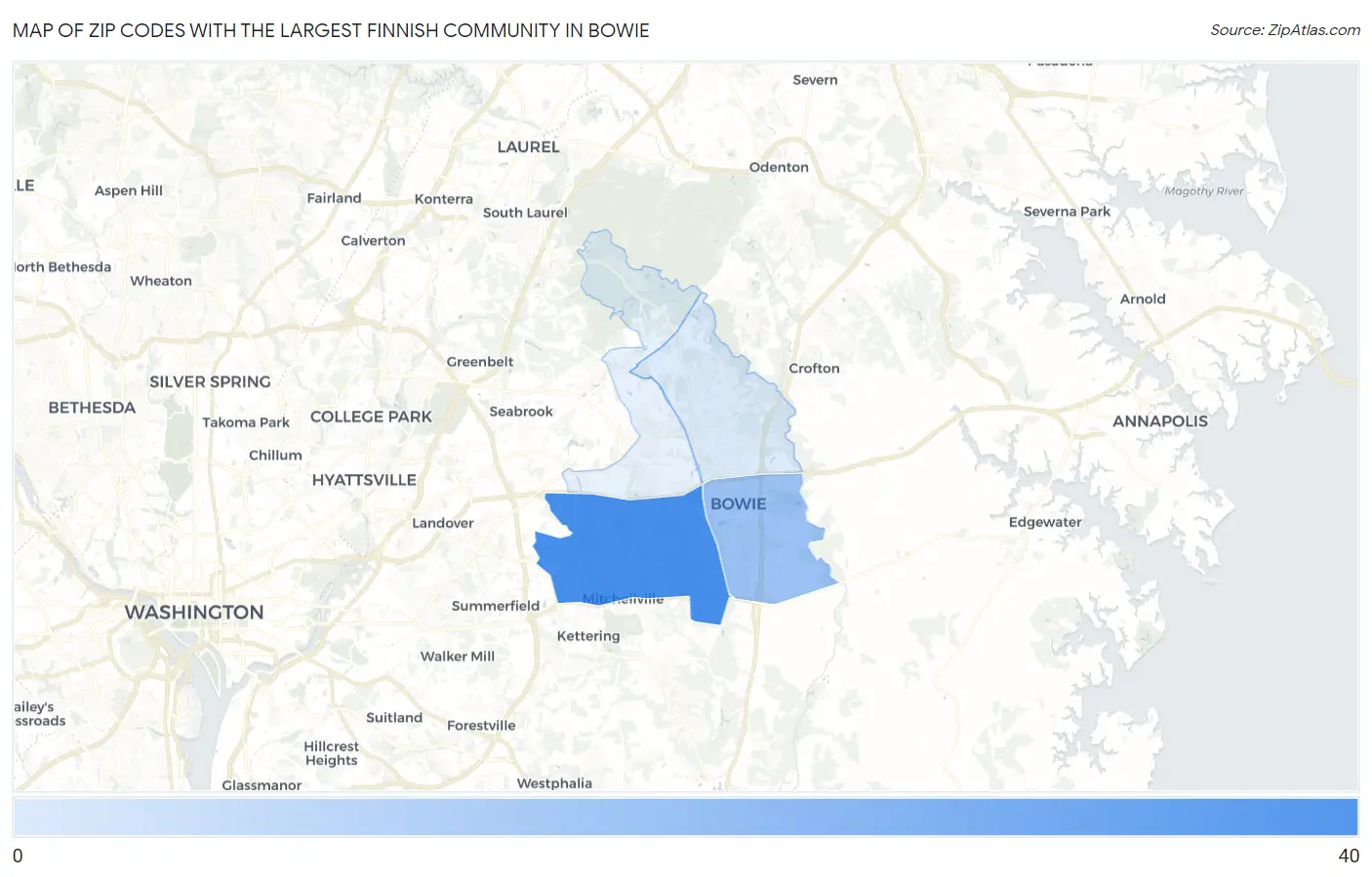 Zip Codes with the Largest Finnish Community in Bowie Map