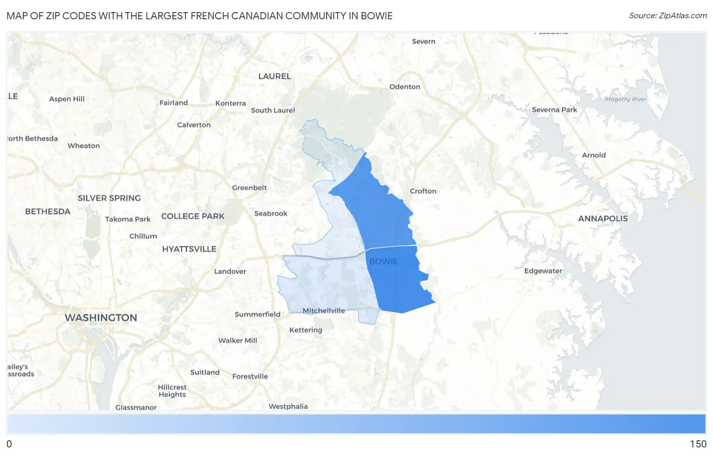 Zip Codes with the Largest French Canadian Community in Bowie Map