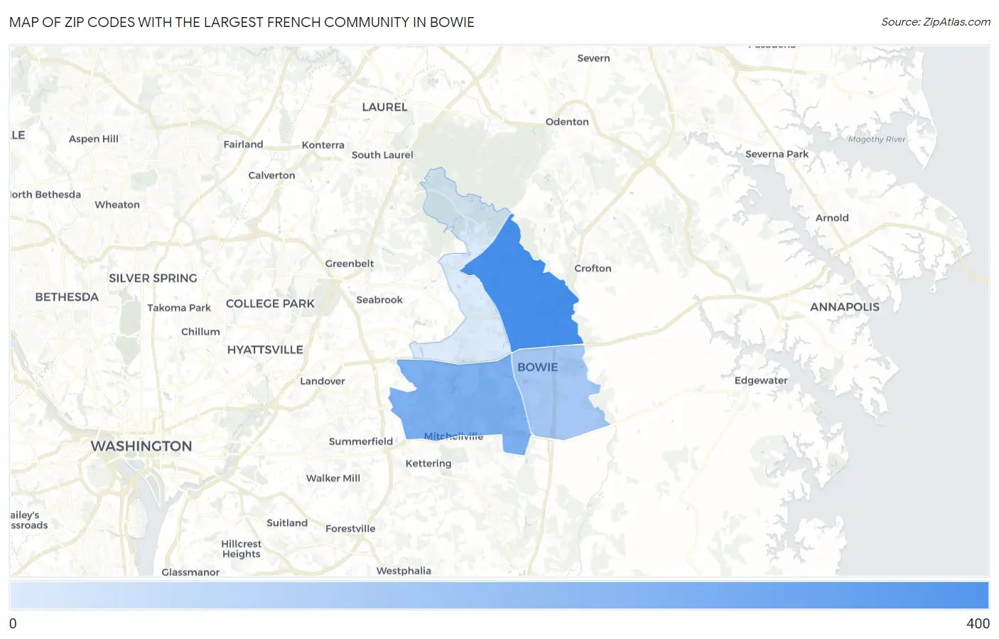 Zip Codes with the Largest French Community in Bowie Map