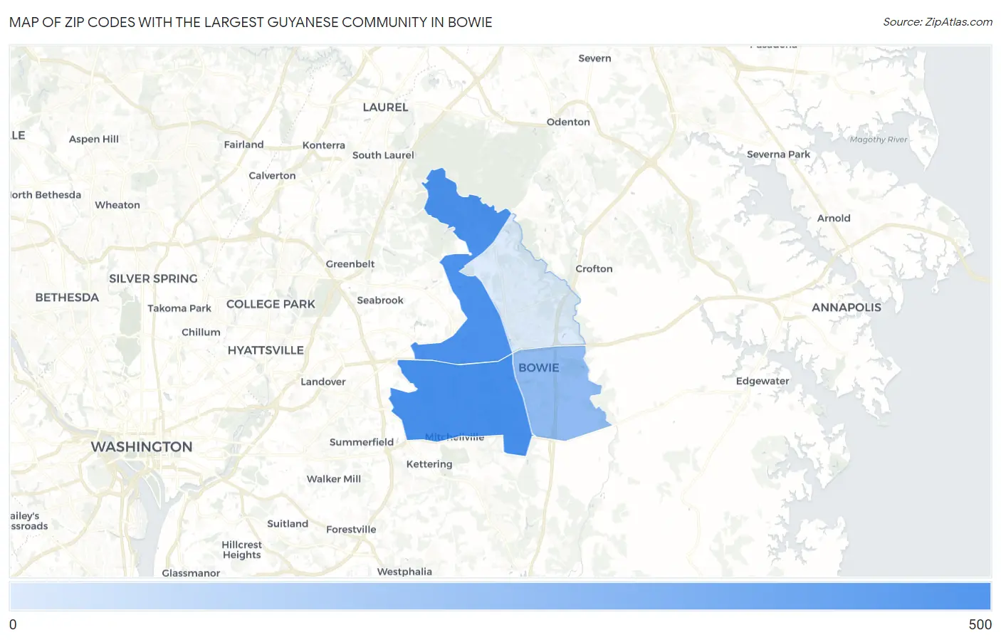 Zip Codes with the Largest Guyanese Community in Bowie Map