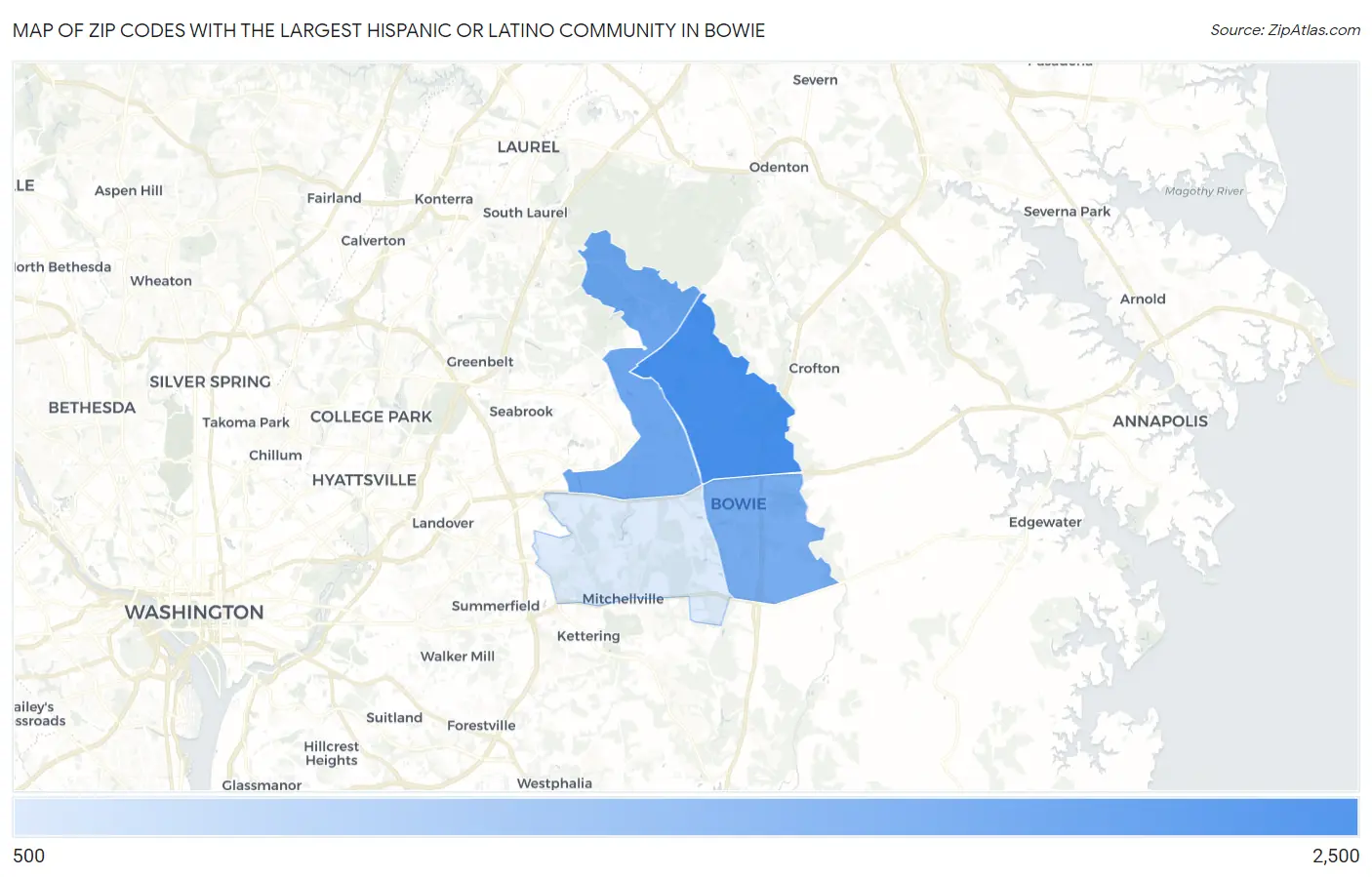 Zip Codes with the Largest Hispanic or Latino Community in Bowie Map