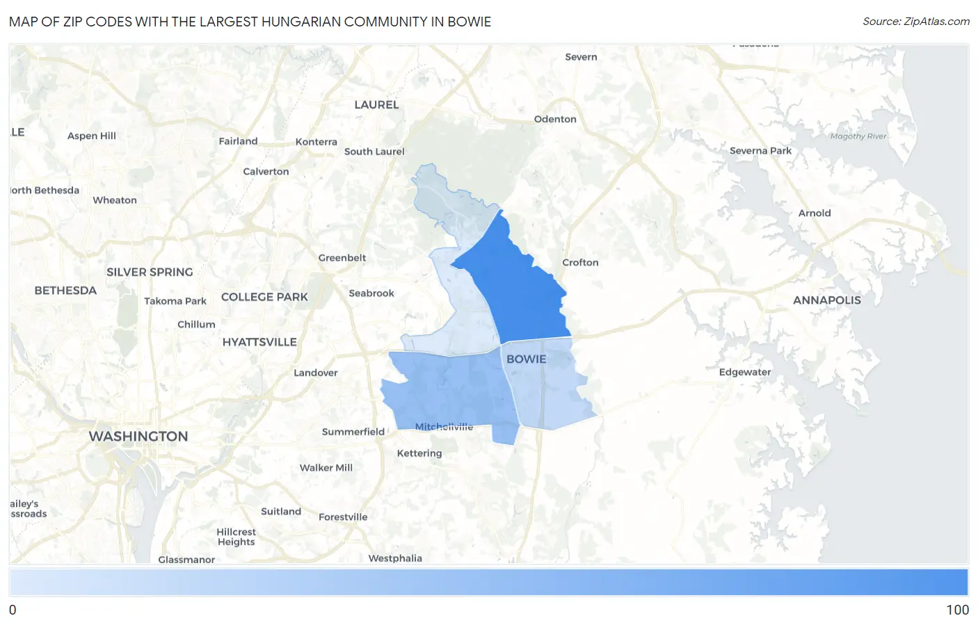 Zip Codes with the Largest Hungarian Community in Bowie Map