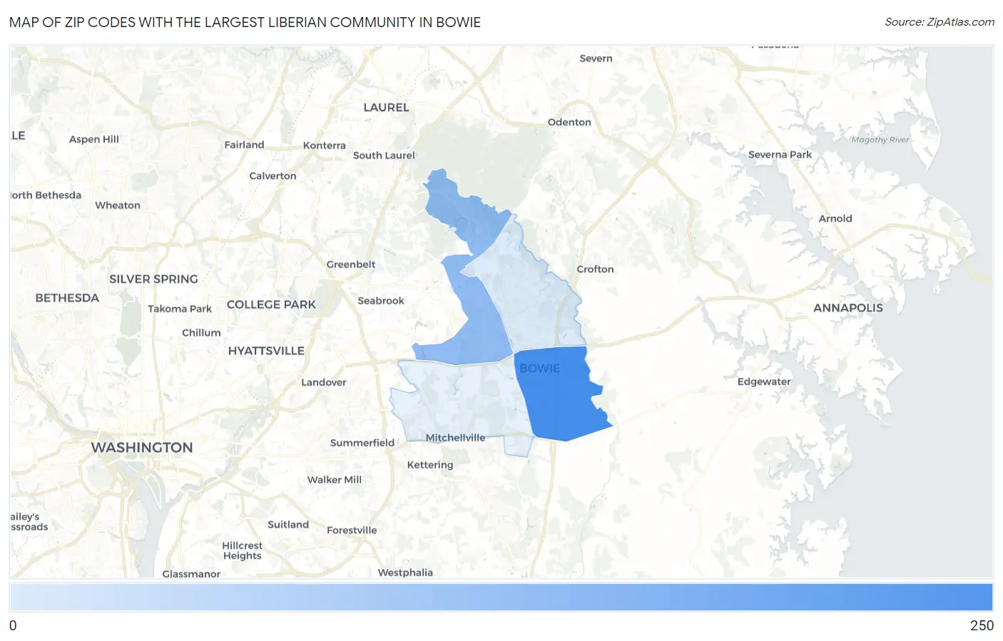 Zip Codes with the Largest Liberian Community in Bowie Map
