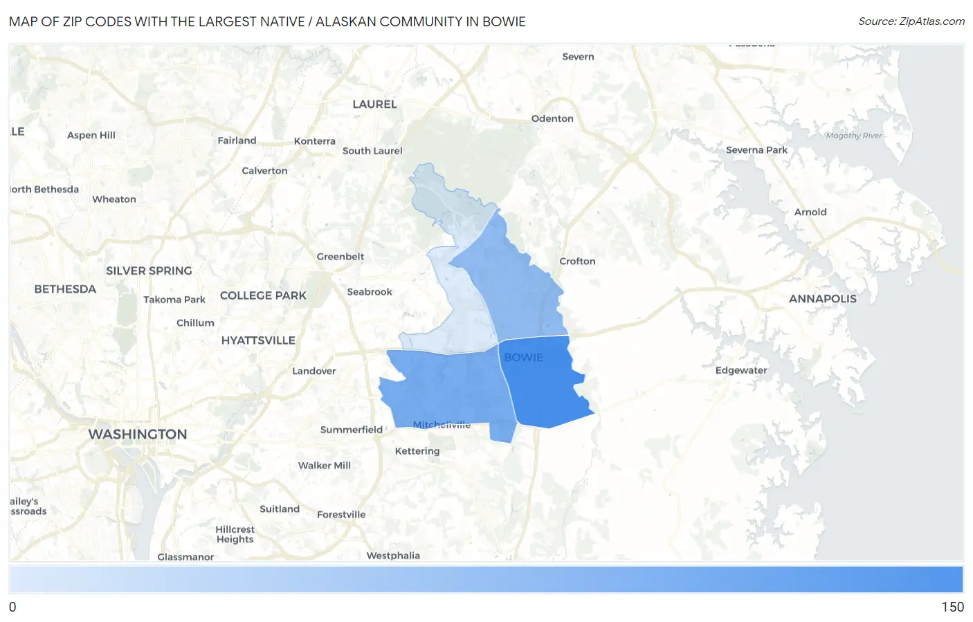 Zip Codes with the Largest Native / Alaskan Community in Bowie Map