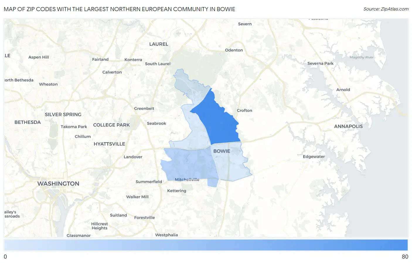 Zip Codes with the Largest Northern European Community in Bowie Map