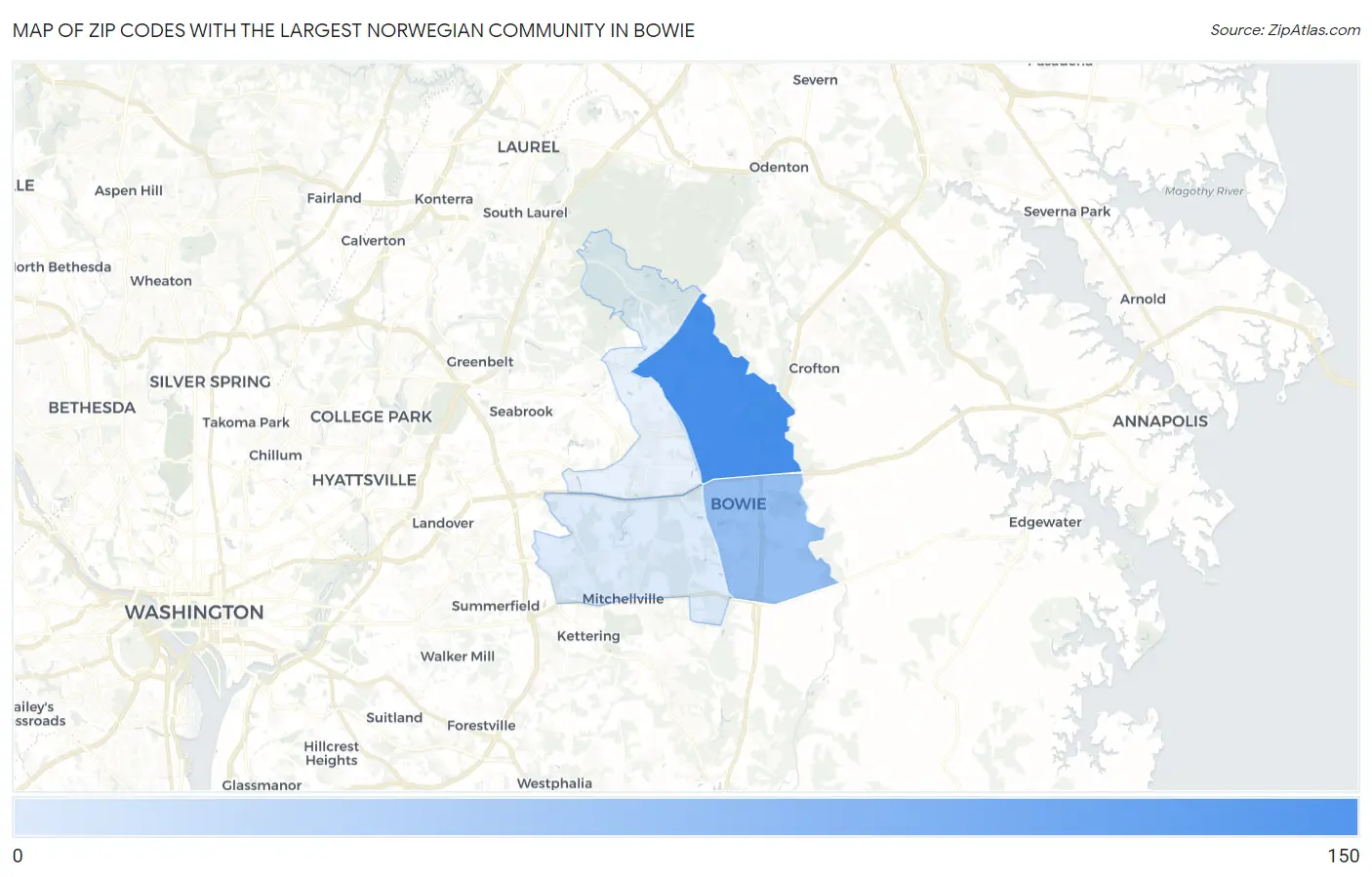 Zip Codes with the Largest Norwegian Community in Bowie Map