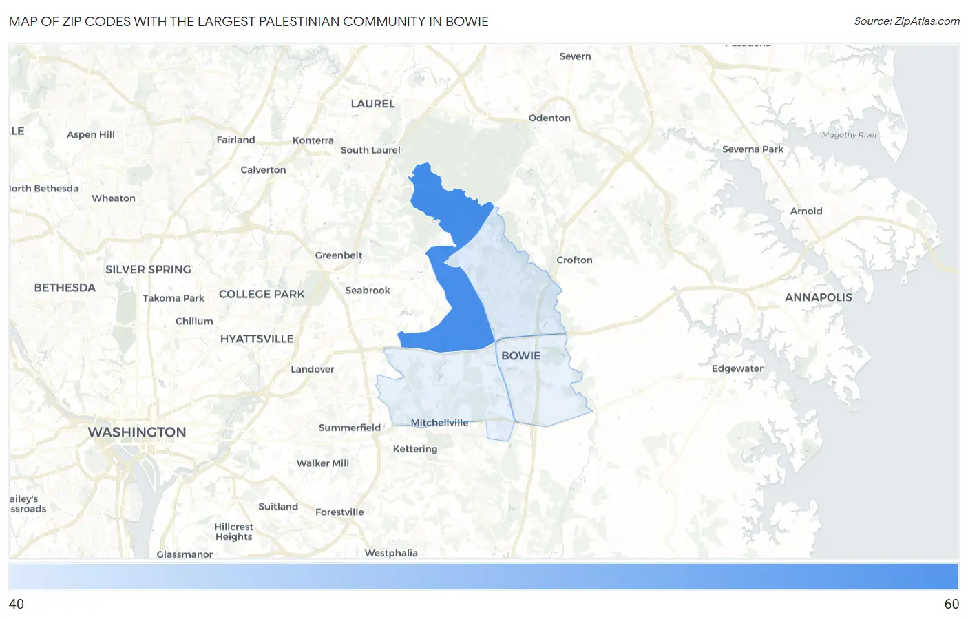 Zip Codes with the Largest Palestinian Community in Bowie Map