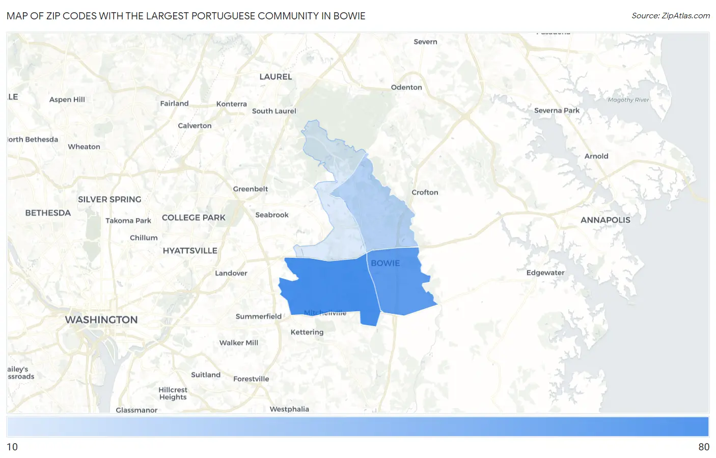 Zip Codes with the Largest Portuguese Community in Bowie Map