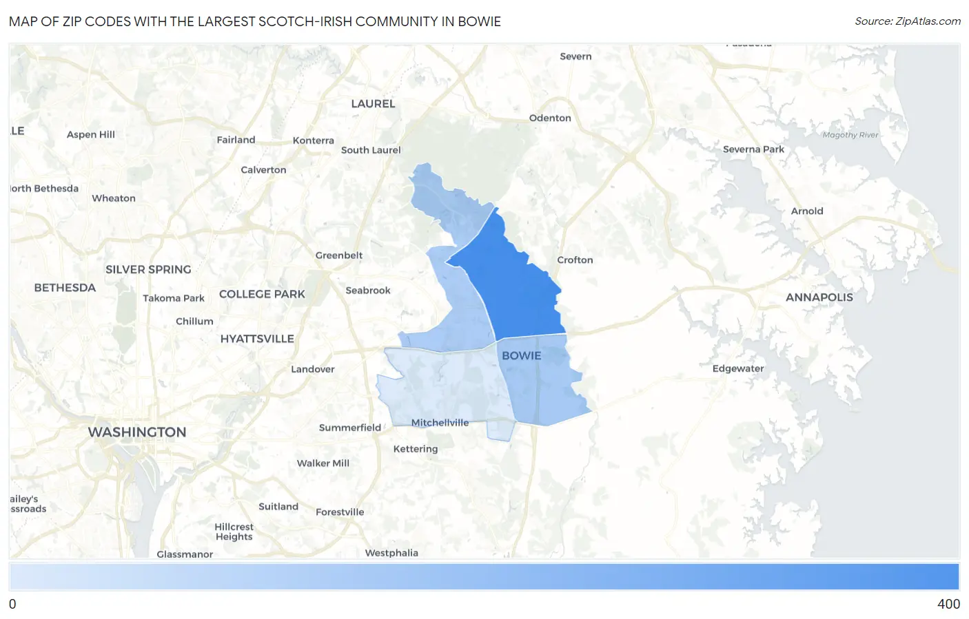 Zip Codes with the Largest Scotch-Irish Community in Bowie Map